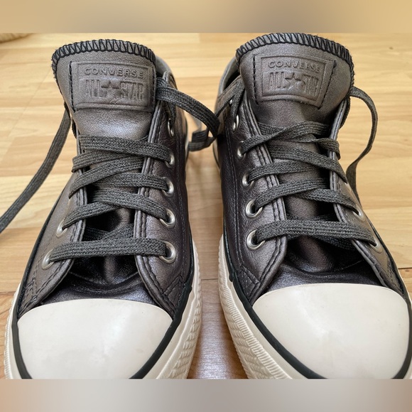 Converse platform All Star leather sneakers gunmetal gray w/ gray shimmer laces - Picture 8 of 11